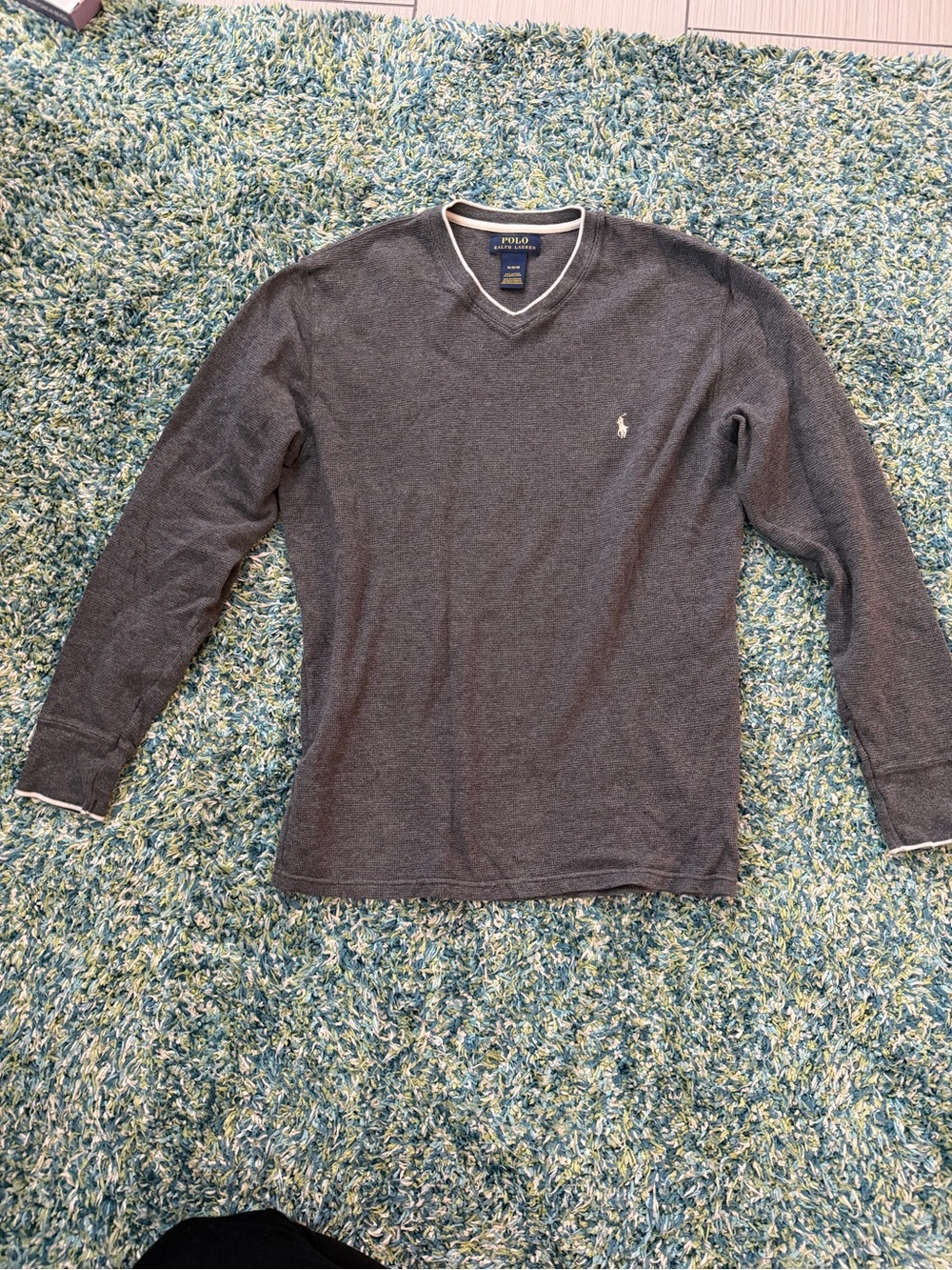 Polo by Ralph Lauren Gray V-Neck Sweater with Contrast Trim